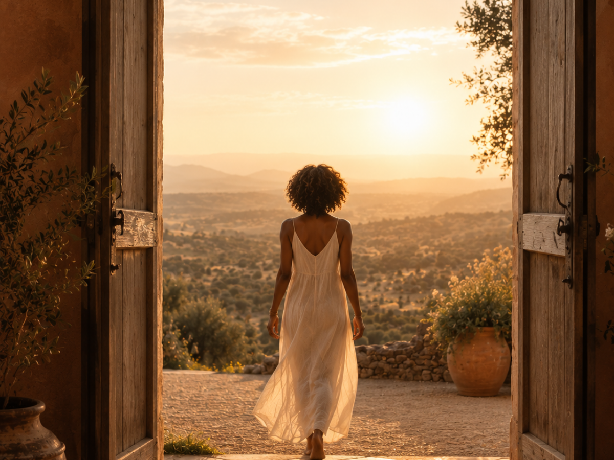 Woman stepping toward an open doorway and a new path