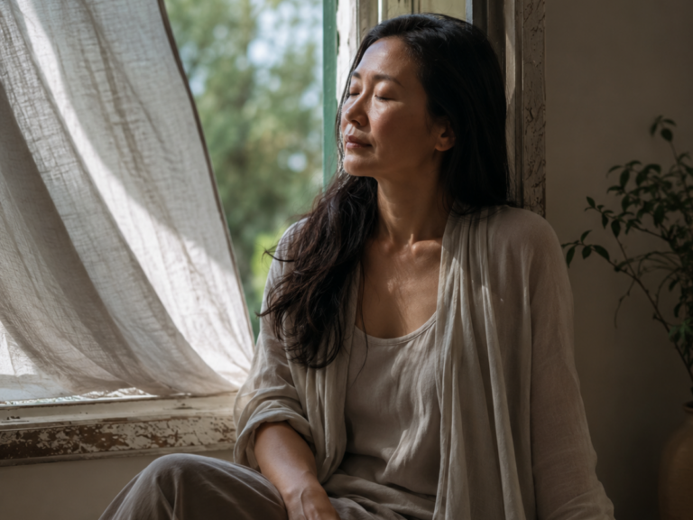 Thoughtful midlife woman seated in soft natural light